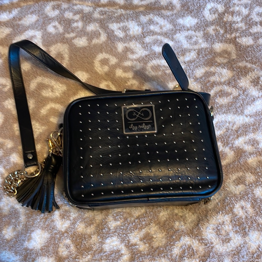 Itzy Ritzy Black Studded Crossbody Bag with Gold Tassel